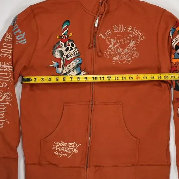 Vintage Ed Hardy All Over Print Embroidered Zip Up Hoodie - XL